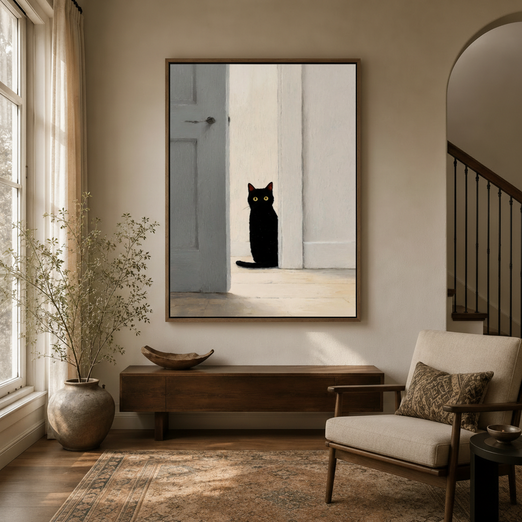 Minimalist black cat oil painting canvas hanging in living room with natural light and warm tones