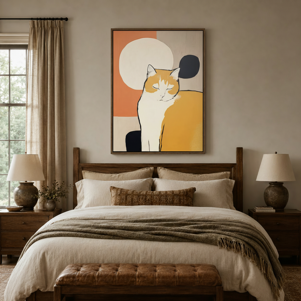 Abstract geometric cat canvas art above bed in cozy neutral bedroom with warm ambient lighting
