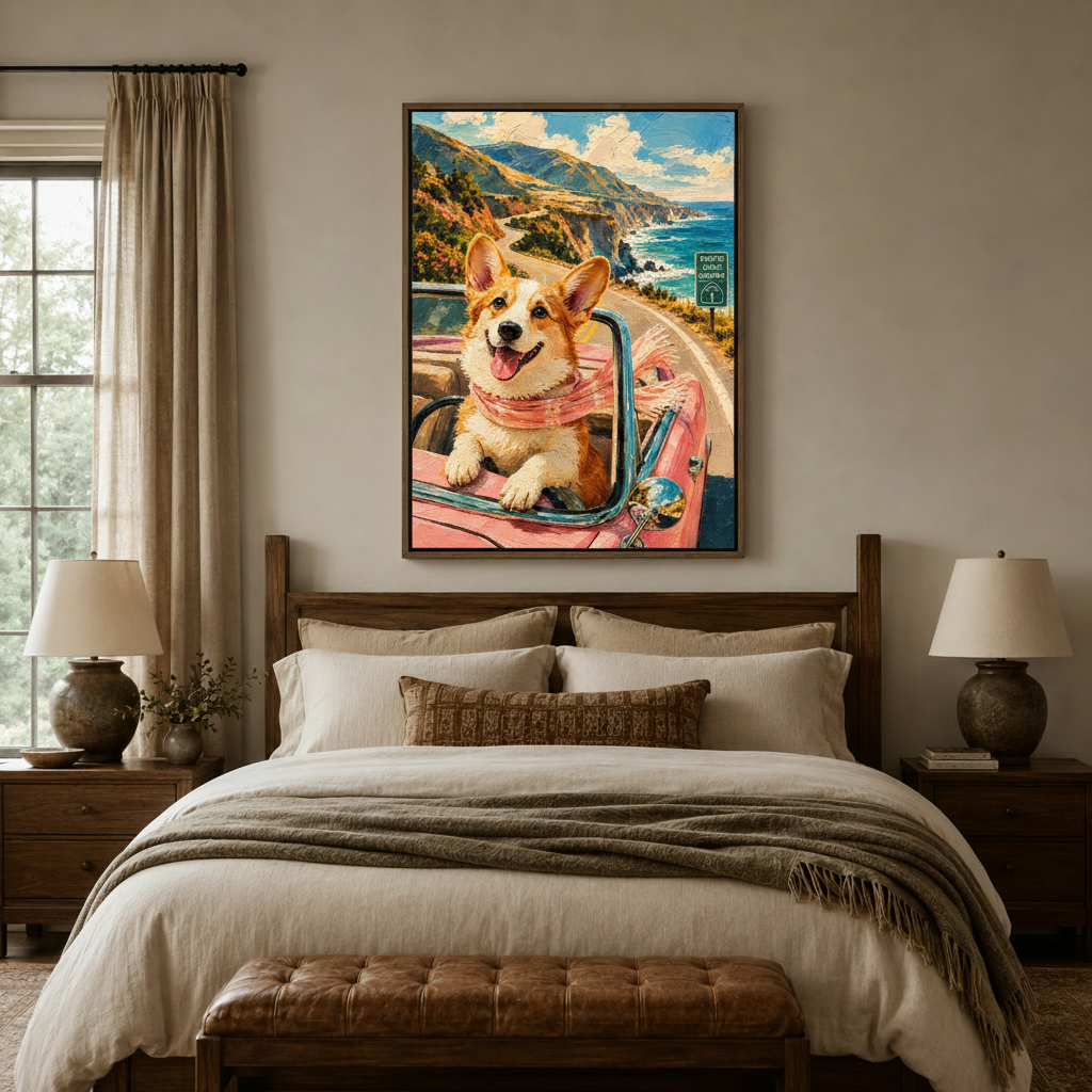 Corgi Pacific Coast Highway canvas wall art above a dark wood bed frame in a neutral bedroom