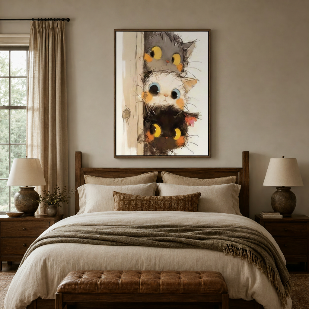 Cute peeking cats watercolor canvas in walnut floater frame above a linen bed in a neutral bedroom
