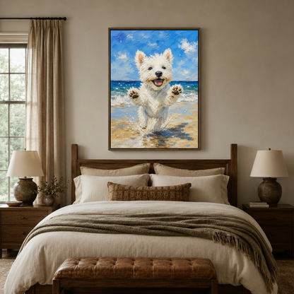 Colorful dog portrait canvas print in float frame above bed in cozy neutral bedroom