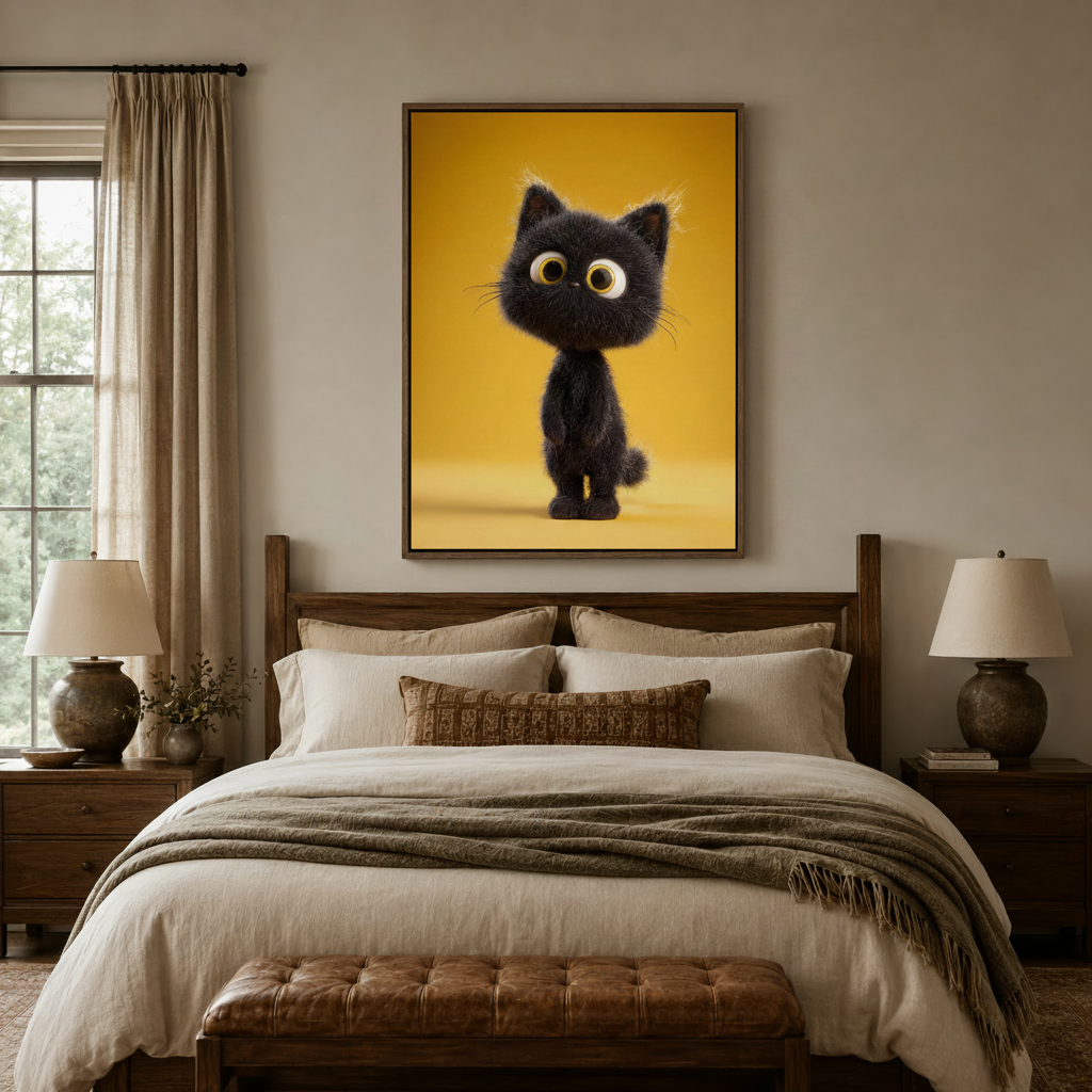 Adorable black kitten cartoon canvas print in dark walnut float frame above bedroom headboard