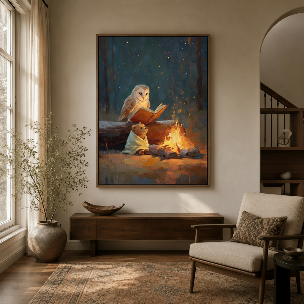 Woodland storytime wall art in float frame with owl reading to bear cub styled in living room