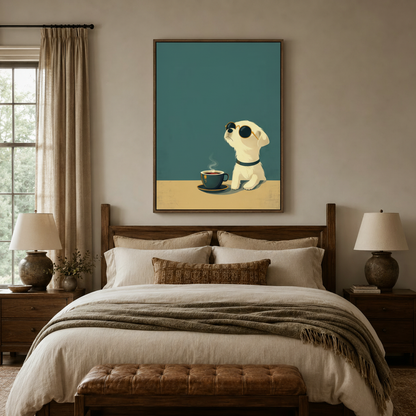 Cool dog illustration canvas print above bed in cozy bedroom, teal background digital art