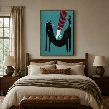 Cat lover wall art in walnut frame hung above bed in cozy neutral bedroom setting