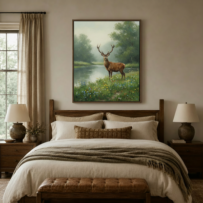 Nature stag canvas wall art above wooden bed in a cozy farmhouse bedroom – misty forest painting by Aurewall