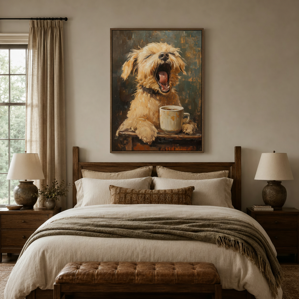 Oil painting of a fluffy dog yawning with coffee mug hanging above bedroom headboard in float frame
