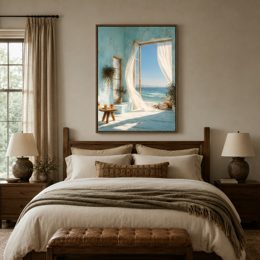 Mediterranean open window canvas wall art above a dark wood bed frame in a warm neutral bedroom