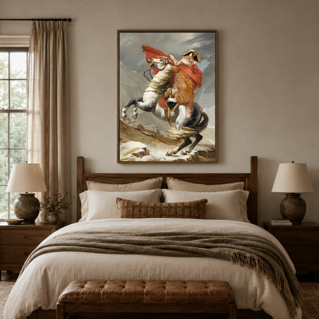 Napoleon crossing Alps canvas wall art bedroom detail – close-up of classical oil painting showing Napoleon red cape rearing horse and alpine mountain texture by Aurewall
