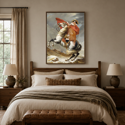 Napoleon crossing Alps canvas wall art bedroom detail – close-up of classical oil painting showing Napoleon red cape rearing horse and alpine mountain texture by Aurewall