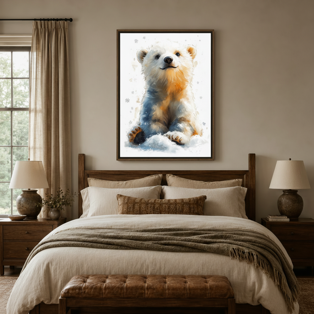 Baby polar bear watercolor painting in dark walnut float frame above a wooden bed in a neutral bedroom