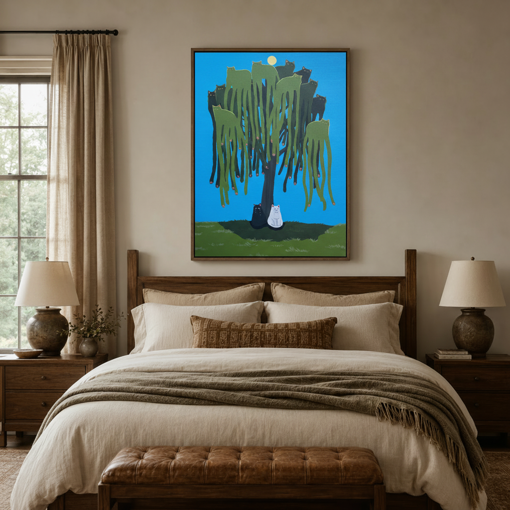 Whimsical green cat tree wall art above bed in neutral bedroom interior
