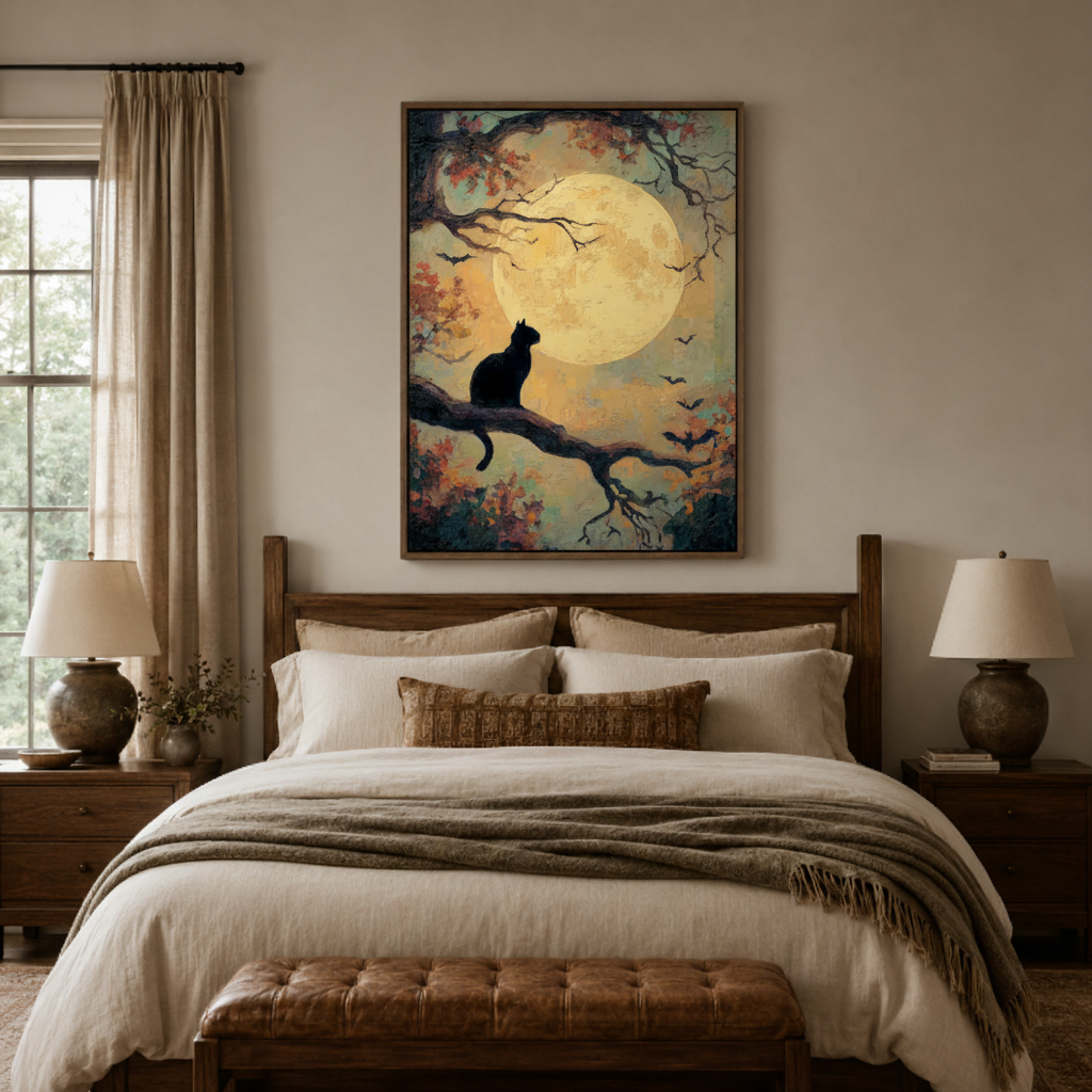 Black cat moon night canvas wall art bedroom detail – close-up of Japanese illustration showing black cat silhouette golden moon and butterfly texture by Aurewall