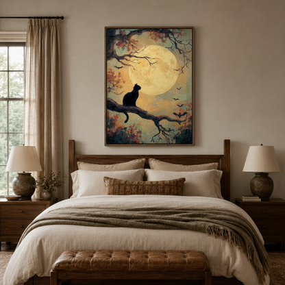 Black cat moon night canvas wall art bedroom detail – close-up of Japanese illustration showing black cat silhouette golden moon and butterfly texture by Aurewall