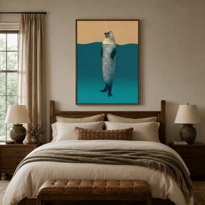 Spotted seal illustration canvas print above wooden bed frame in warm neutral bedroom