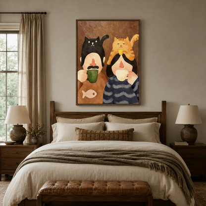 Charming couple with cats canvas print above wooden bed frame in warm neutral bedroom