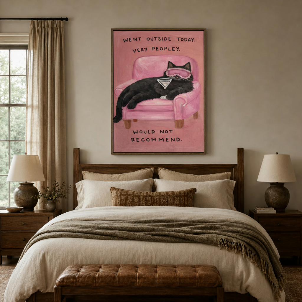  Funny cat canvas wall art with "Very Peopley" text above a linen bed in a cozy bedroom