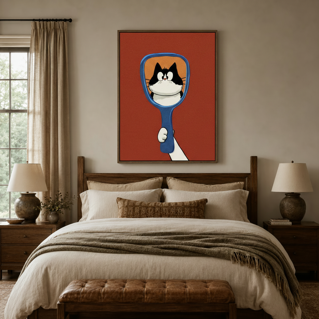 Retro cat wall art above dark walnut bed in cozy neutral bedroom setting
