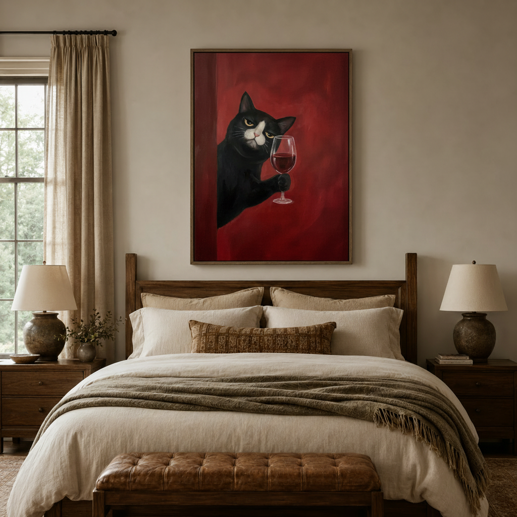 Dark humor cat holding wine glass canvas above a rustic bedroom bed