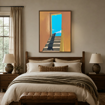 Surreal two cats climbing stairs canvas wall art above a neutral bedroom bed