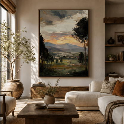 Sunset countryside canvas wall art in living room – vintage pastoral landscape painting displayed above sofa by Aurewall