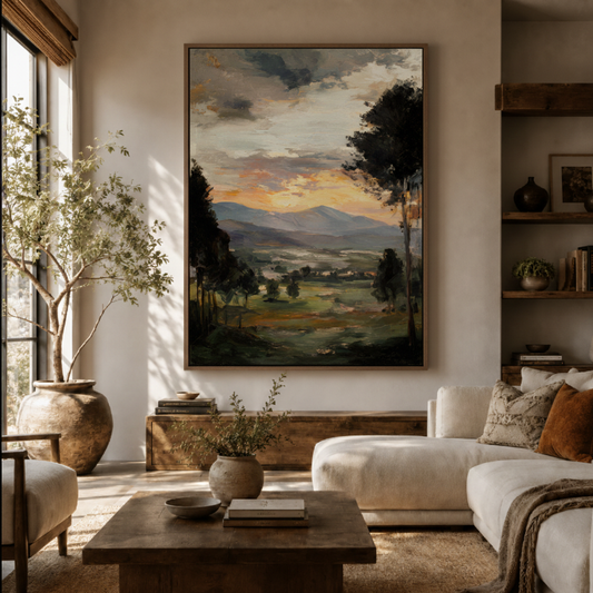 Sunset countryside canvas wall art in living room – vintage pastoral landscape painting displayed above sofa by Aurewall
