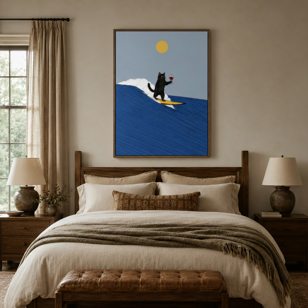 Funny cat canvas wall art above a bed in a neutral-toned bedroom with walnut furniture