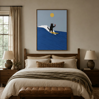 Funny cat canvas wall art above a bed in a neutral-toned bedroom with walnut furniture
