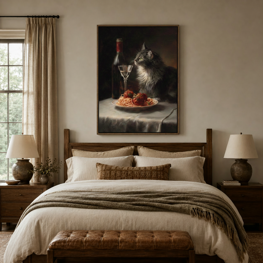 Dramatic cat dinner canvas in walnut floater frame above a linen bed in a warm neutral bedroom
