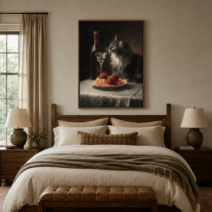 Dramatic cat dinner canvas in walnut floater frame above a linen bed in a warm neutral bedroom