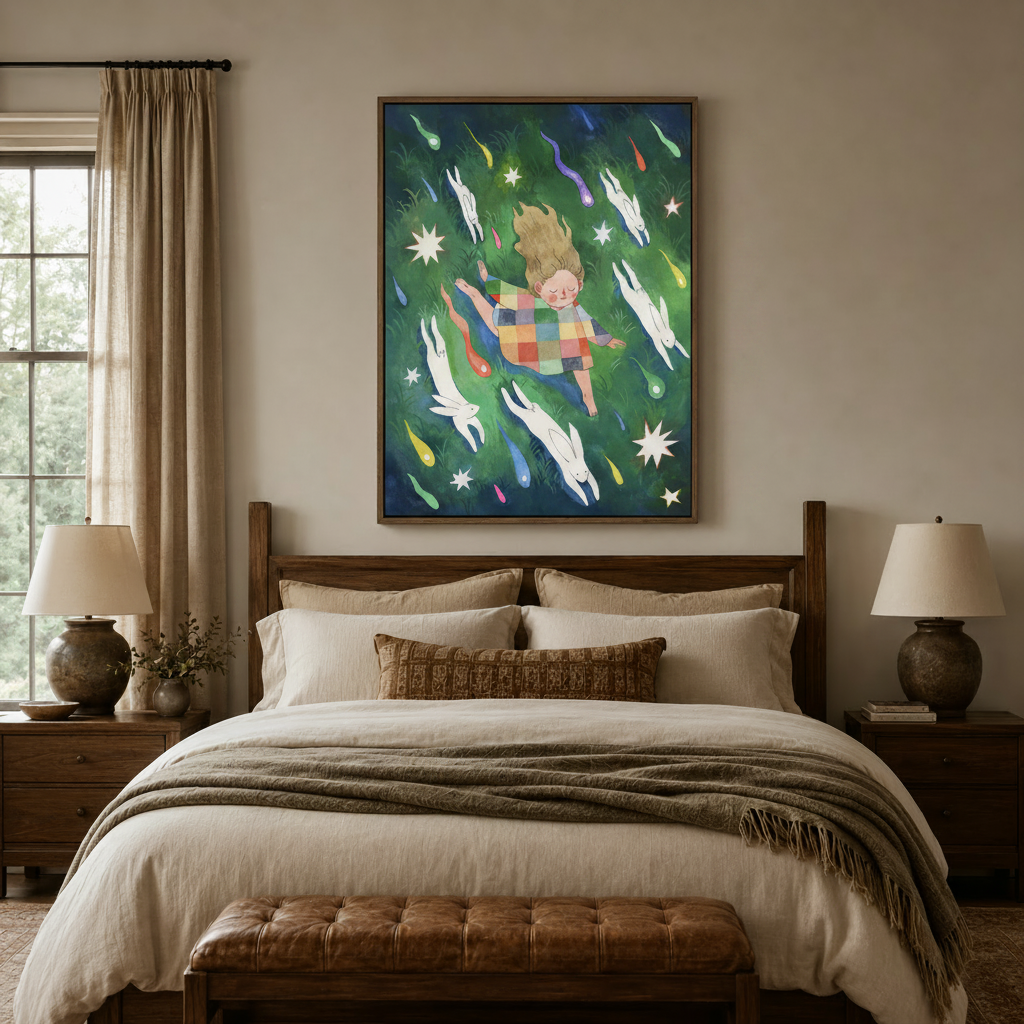 Enchanting watercolor canvas art of girl surrounded by rabbits centered above bed headboard