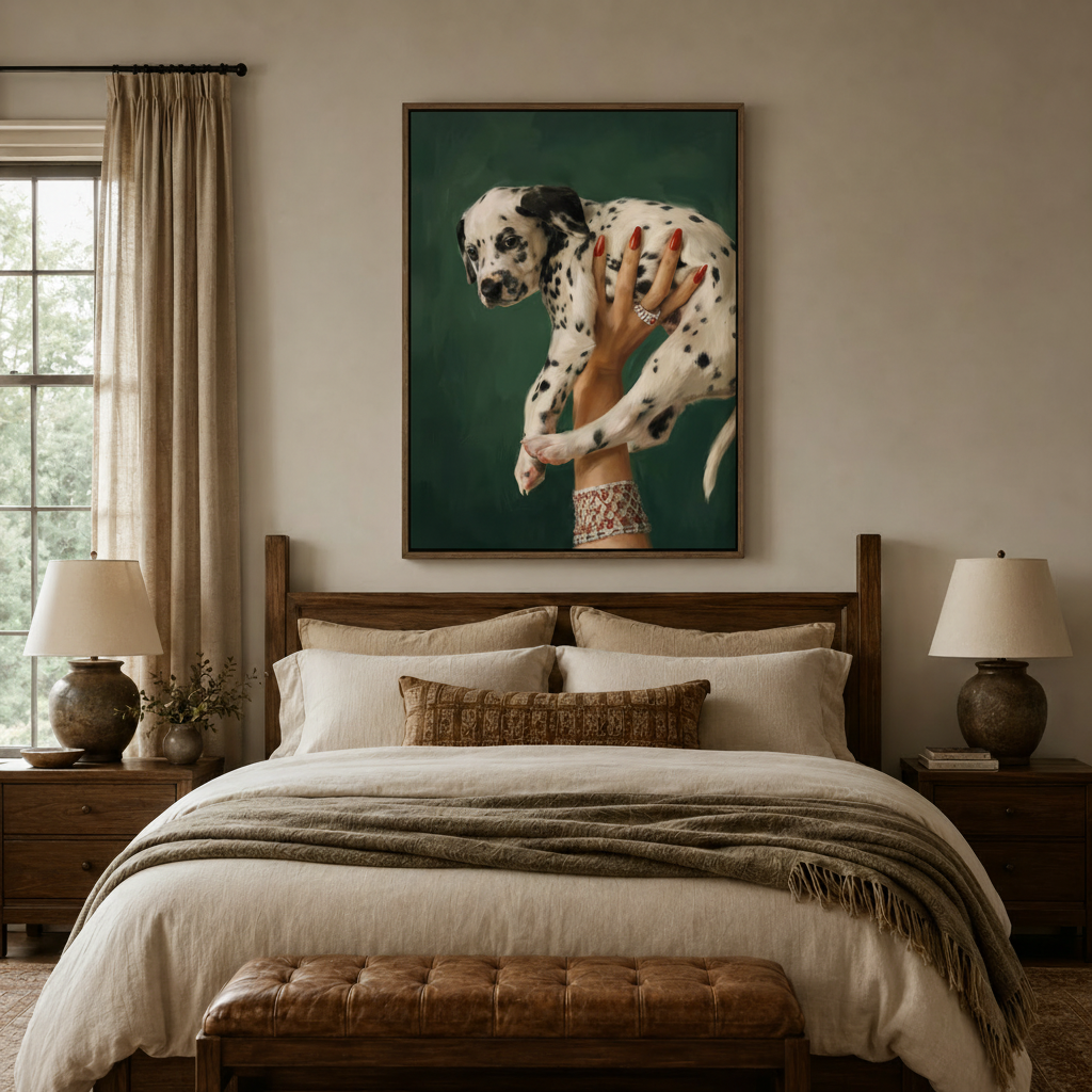 Bold dog lover canvas art above a dark walnut bed frame in a styled bedroom