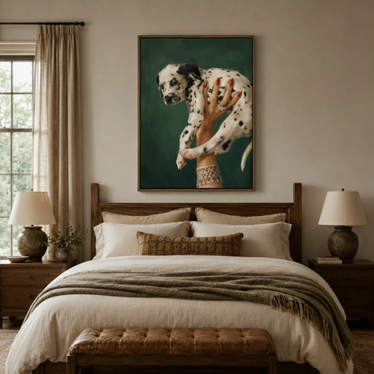 Bold dog lover canvas art above a dark walnut bed frame in a styled bedroom