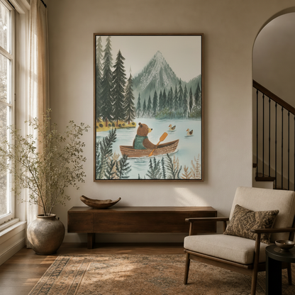 Woodland bear wall art in float frame styled in warm neutral living room with natural light