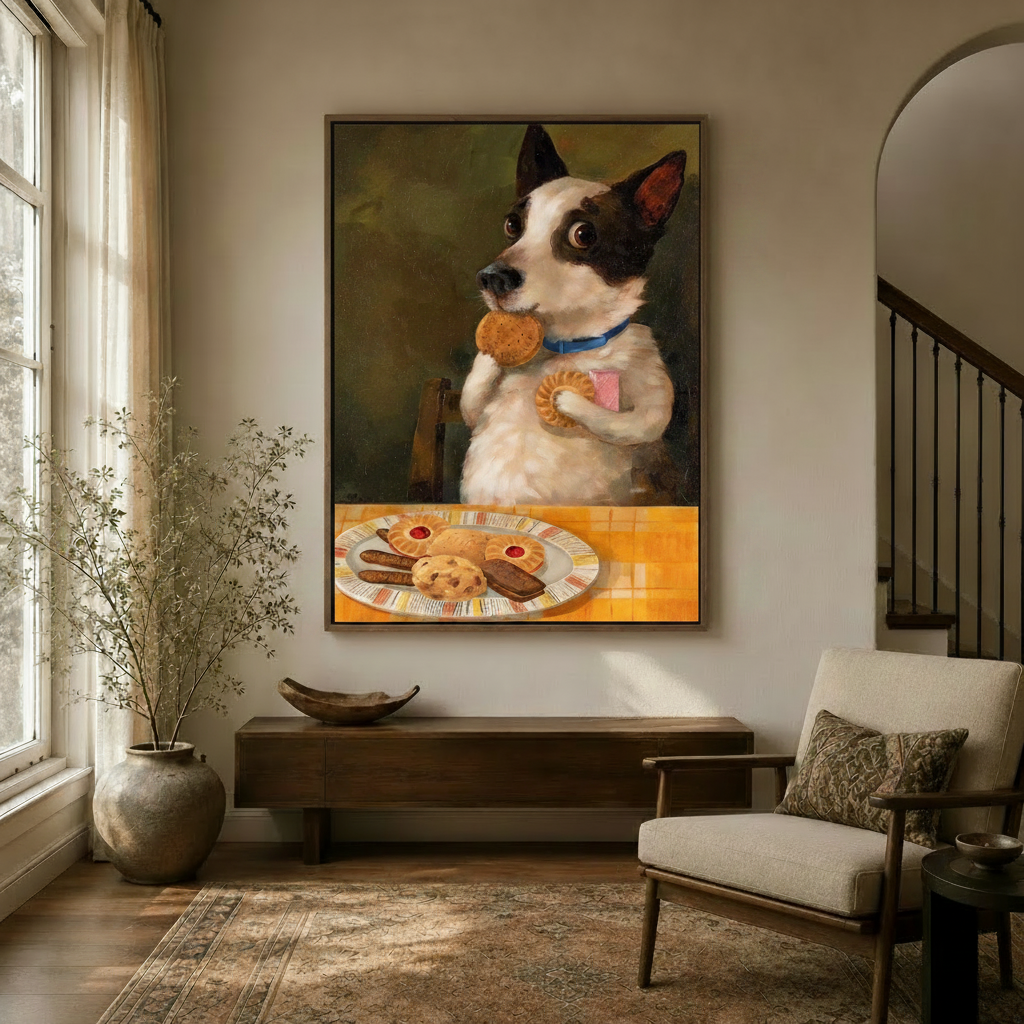 Cookie stealing dog classical portrait canvas print in a warm entryway with floating wood frame