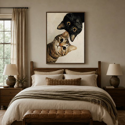 Whimsical cat oil painting above bed in cozy neutral bedroom with linen bedding