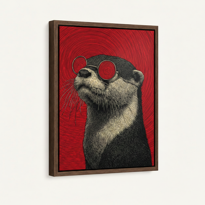 Framed canvas otter wall art in walnut float frame, woodcut engraving style with crimson background
