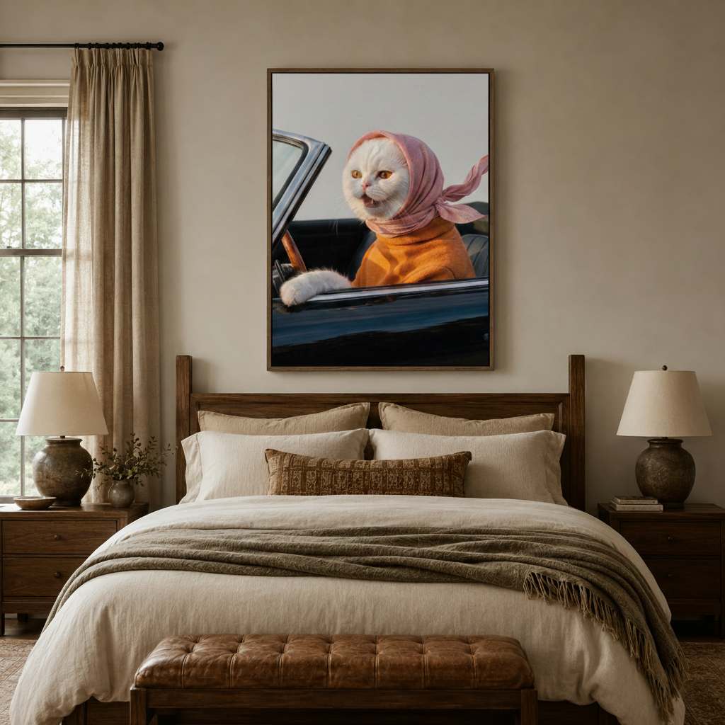 Quirky white cat convertible canvas above a linen bed in a cozy bedroom setting
