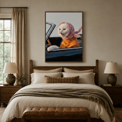 Quirky white cat convertible canvas above a linen bed in a cozy bedroom setting