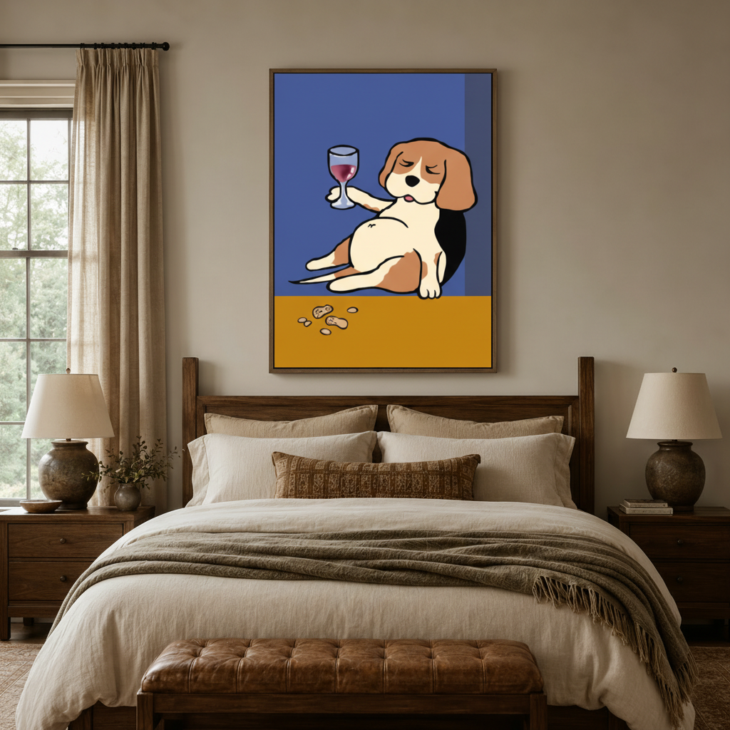 Humorous beagle pop art wall art above a wooden bed in a neutral-toned bedroom setting