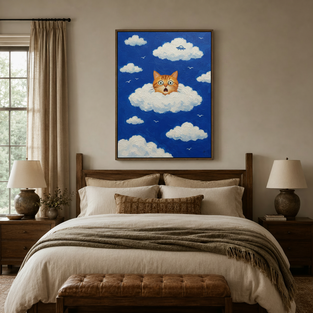 Cat in cloud impasto canvas print in float frame styled above bed in warm bedroom setting