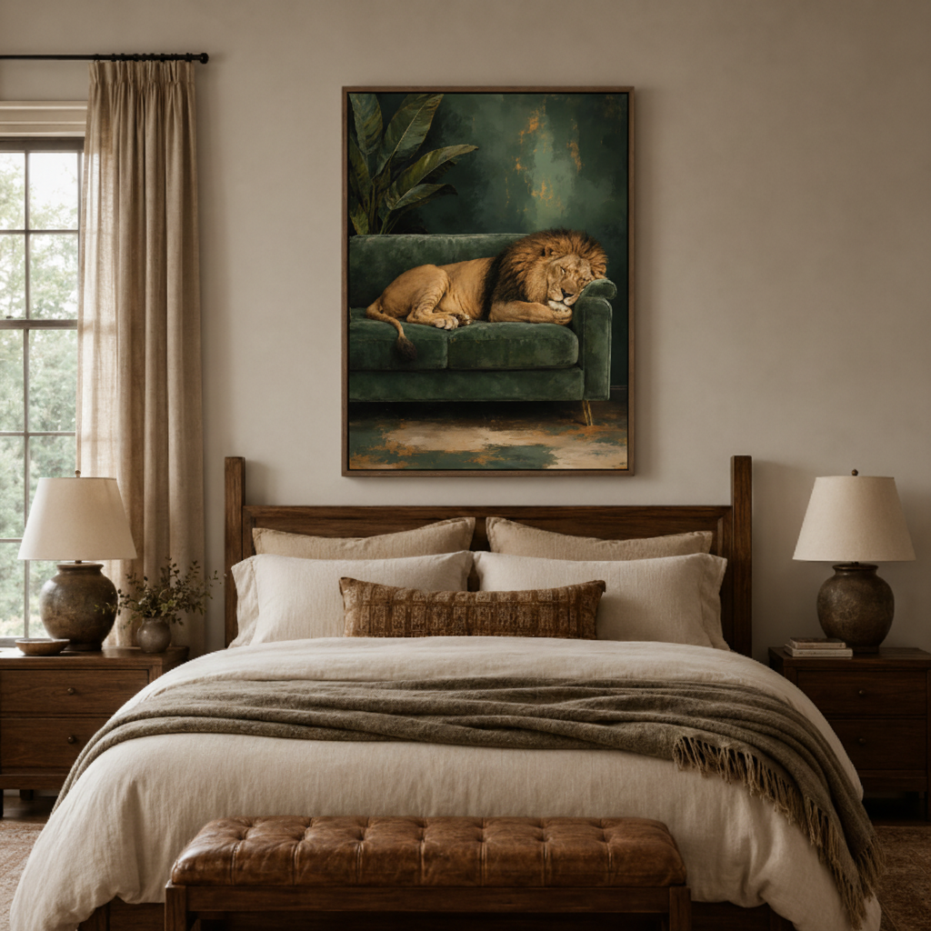 Funny lion sofa canvas print in bedroom – regal wildlife oil painting with lion on green velvet couch as humorous wall decor by Aurewall