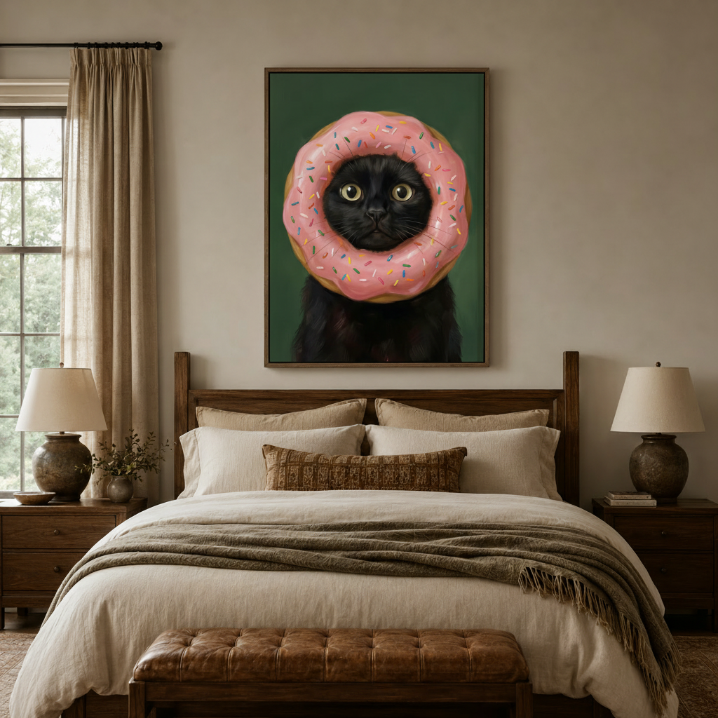 Whimsical cat donut canvas art above a dark walnut bed frame in a styled bedroom