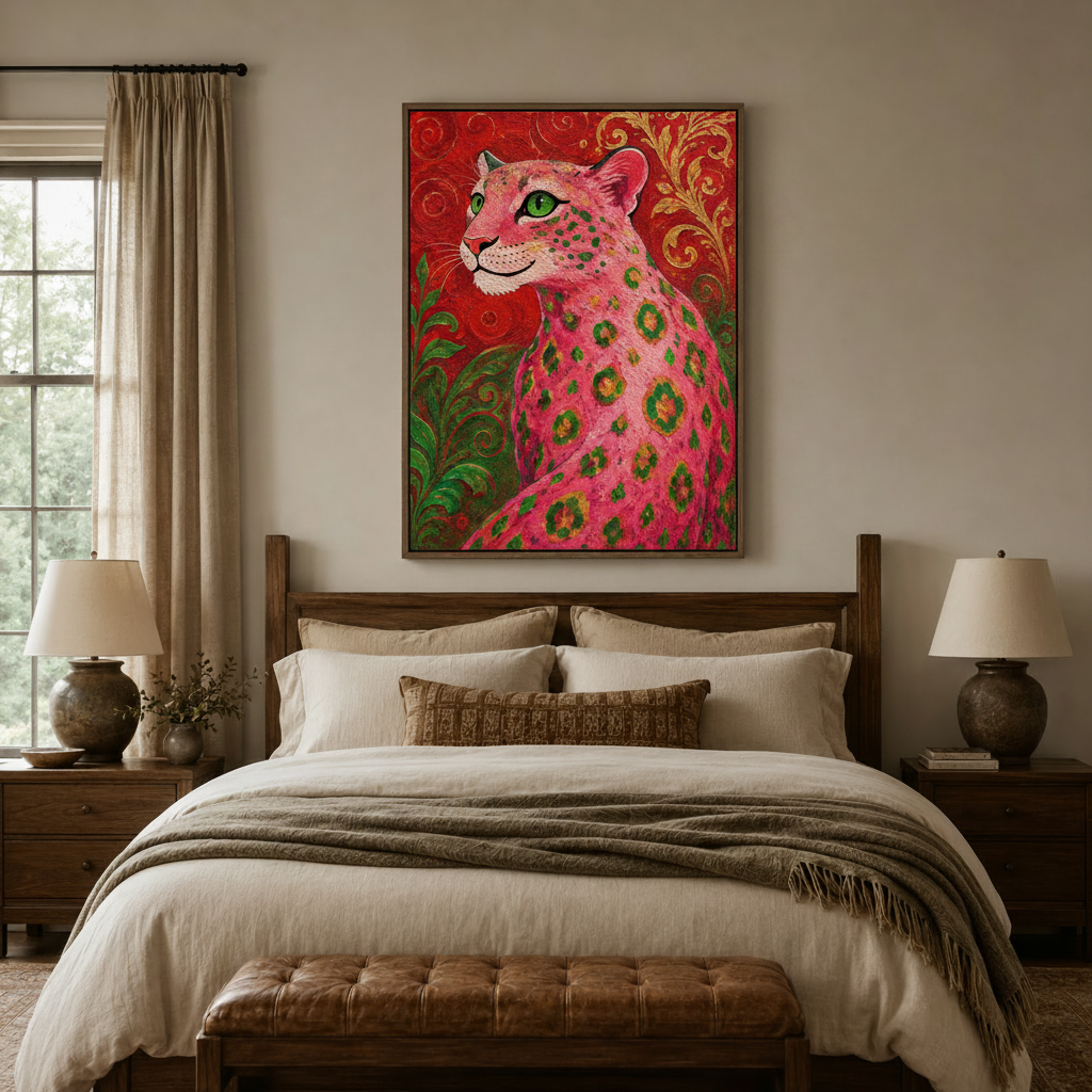 Pink leopard baroque oil painting canvas above bed in cozy neutral bedroom with warm linen bedding and walnut frame