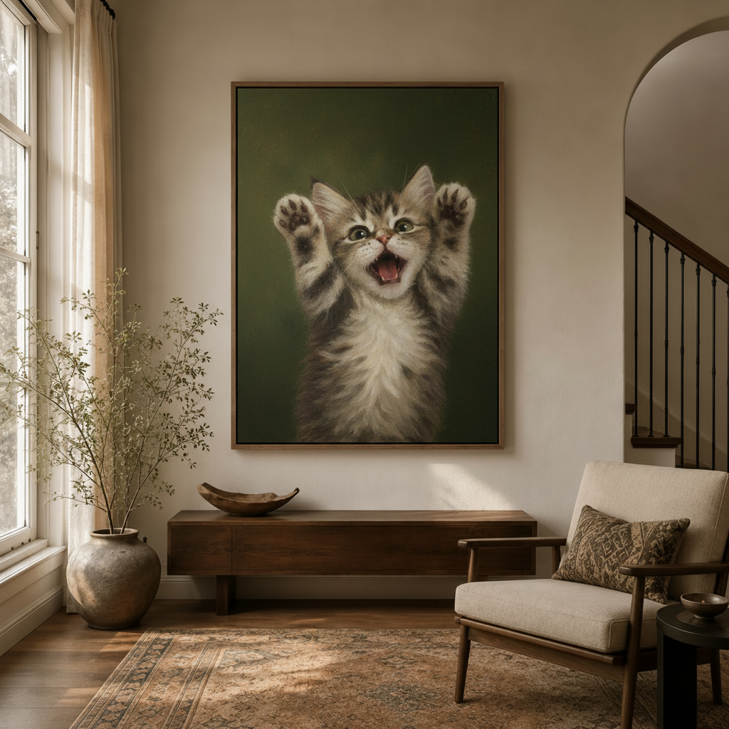 Funny cat oil painting canvas print in cozy entryway with arched doorway and linen chair