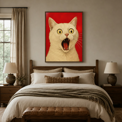 Bold red background cat portrait canvas above wooden bed frame in warm neutral bedroom