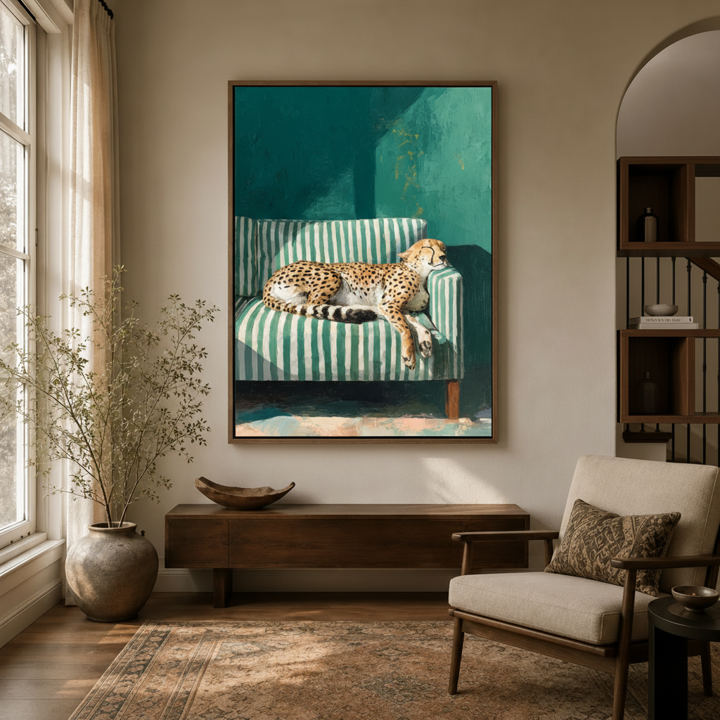 Bold cheetah wall art in float frame styled in warm neutral living room with natural light
