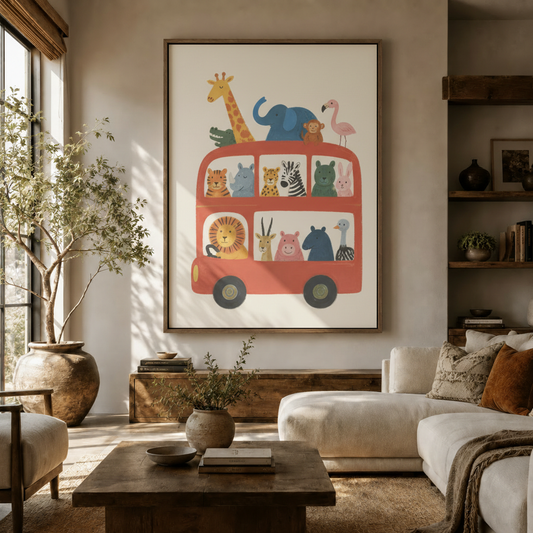  Large safari animal bus canvas print displayed above sofa in bright modern living room with natural light
