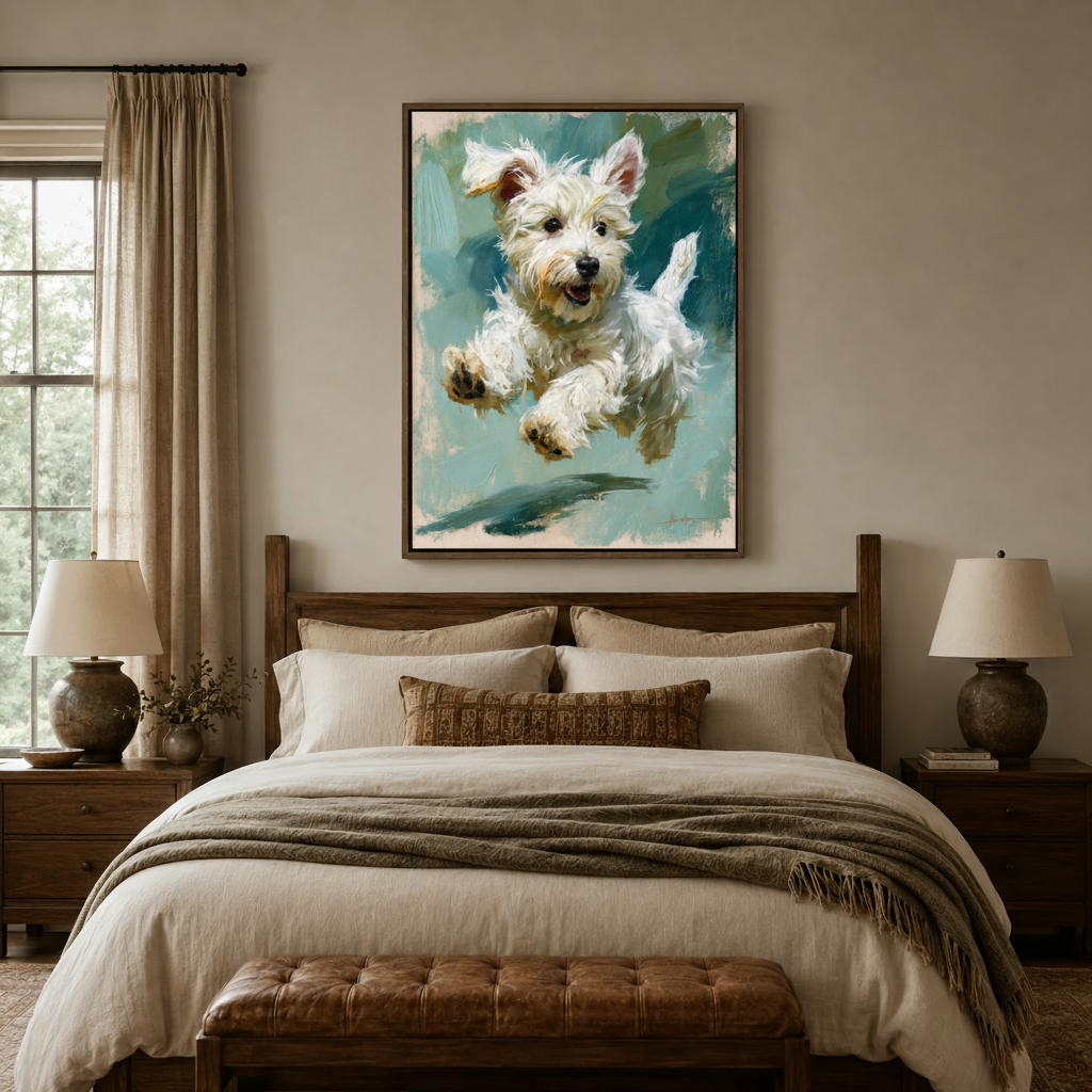 Expressive Westie dog portrait canvas in dark walnut float frame above a wooden bed in a neutral bedroom