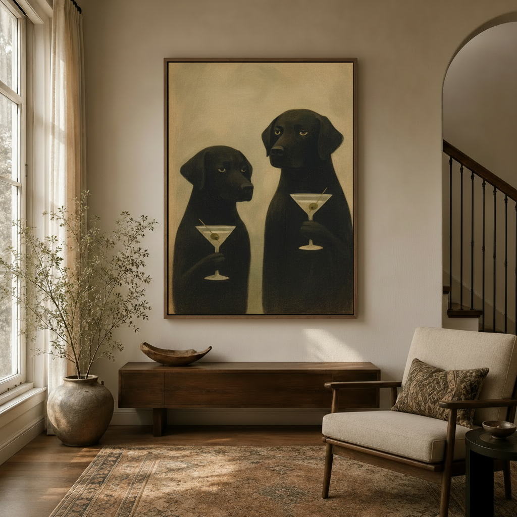 Funny dog bar wall art – sophisticated black labrador martini painting for bedroom or dining room